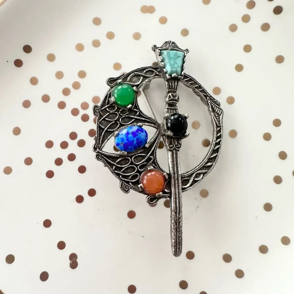 Vintage Soldor Signed Gothic Celtic Sword Shield Five Multicolored Stones Brooch